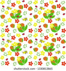 Seamless vector artistic pattern, with a strawberry lawn, blooms, bees, ladybirds on a white background. for the surface, packaging, postcards, wallpaper. Summer background. Summer design.
