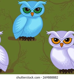 Seamless vector artwork pattern with sympathetic blue and violet cartoon owls on the dark green forest background