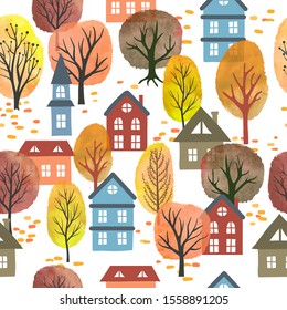 Seamless vector autumn city pattern with watercolor trees and houses. Autumn landscape.