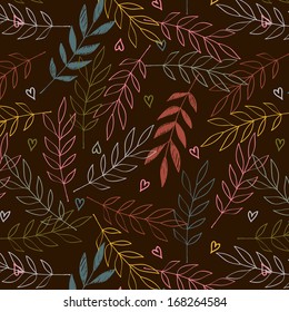 Seamless vector autumn leaves background with hearts.