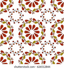 Seamless Vector autumn leaves on white background. Floral pattern with autumn leaves. Fashion style for prints, silk textile, cushion pillow, kerchief. Hand drawn floral pattern made of simple doodles