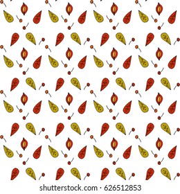 Seamless Vector autumn leaves on white background. Floral pattern with autumn leaves. Fashion style for prints, silk textile, cushion pillow, kerchief. Hand drawn floral pattern made of simple doodles