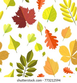 Seamless vector autumn leaves pattern, cute bright color design for stickers, labels, tags, gift wrapping paper, greeting cards, posters, banner design, fabrics, textile