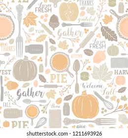 Seamless Vector Autumn Leaves & Pumpkin Apple Pie Baking Pattern in Warm Pastel Fall Colors. Great for backgrounds, stationery, home decor, textiles, fabrics, greeting cards, and paper crafting.