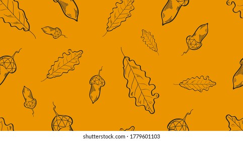 Seamless vector autumn pattern. Decorative oak leaves and acorns. Black lines on an orange background. Forest illustration. Design for wrappers, textiles, wallpaper, paper and clothing.