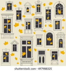 Seamless vector autumn pattern of different old windows and yellow maple leaves inside and outside. White background, black windows and outline.