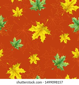 Seamless vector autumn pattern with fallen yellow and green maple leaves. Orange background.