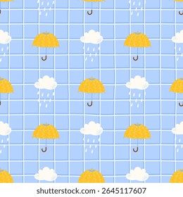 Seamless vector autumn pattern featuring colorful umbrellas and rainy weather elements. Cozy, hand-drawn design ideal for childrens textiles, wrapping paper, and wallpaper.