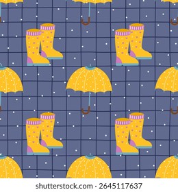 Seamless vector autumn pattern featuring colorful umbrellas, rubber boots, and rainy weather elements. Cozy, hand-drawn design ideal for childrens textiles, wrapping paper, and wallpaper.