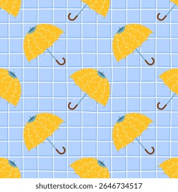 Seamless vector autumn pattern featuring colorful umbrellas. Cozy, hand-drawn design ideal for childrens textiles, wrapping paper, and wallpaper.