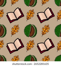 Padrão de outono vetorial sem costura, com livros abertos, conchas de castanheiro e folhas de carvalho, criando uma vibração acolhedora e educativa no outono.