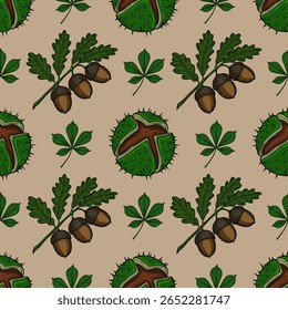 Padrão de outono de vetor sem costura com bolotas desenhadas à mão, castanhas e folhas de carvalho e castanha em um fundo bege, perfeito para projetos com tema de queda.