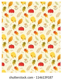 Seamless vector autumn pattern with leaves, apples and baby chicken. 