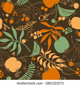 Seamless vector autumn pattern. Leaves, apples, rowan on a brown background. For wallpaper, wrapping paper, textiles, postcards, web page backgrounds, interior decor, menus. Cartoon design.