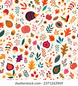 Seamless vector autumn pattern with leaves, pumpkin and hedgehog. Textile repeat pattern