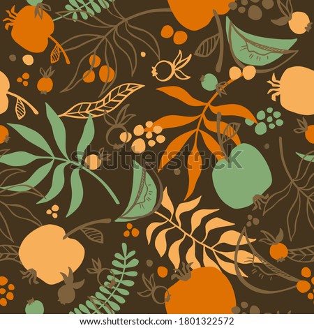 Seamless vector autumn pattern. Leaves, apples, rowan on a brown background. For wallpaper, wrapping paper, textiles, postcards, web page backgrounds, interior decor, menus. Cartoon design.