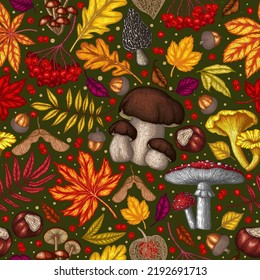 Seamless vector autumn pattern. Maple leaf, chestnut, mountain ash, chanterelles, white mushroom, fly agaric, fallen leaves, berries, acorns, physalis, maple seeds