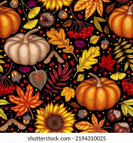 Seamless vector autumn pattern. Maple leaf, chestnut, rowan, fallen leaves, berries, acorns, physalis, maple seeds, sunflower, pumpkin, ginkgo