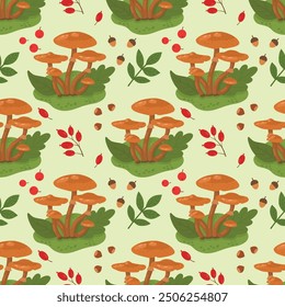 Seamless vector autumn pattern with mushrooms, berries and autumn foliage. Vector background with mushrooms, leaves, berries for autumn, autumn design. Flat illustration