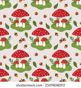 Seamless vector autumn pattern with mushrooms, fly agarics, nuts and autumn foliage. Vector background with flowers, leaves, berries for autumn, autumn design. Flat illustration