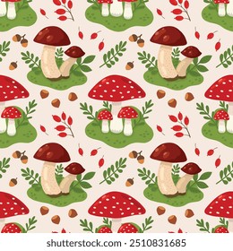 Seamless vector autumn pattern with mushrooms, fly agarics, nuts and autumn foliage. Vector background with flowers, leaves, berries for autumn, autumn design. Flat illustration