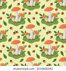 Seamless vector autumn pattern with mushrooms and autumn foliage. Vector background with mushrooms, leaves, berries for autumn, autumn design. Flat illustration