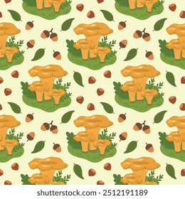 Seamless vector autumn pattern with mushrooms and autumn foliage. Vector background with mushrooms, leaves, berries for autumn, autumn design. A flat illustration of chanterelle mushrooms.