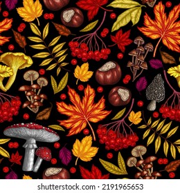 Seamless vector autumn pattern on the theme background. Maple leaf, chestnut, mountain ash, chanterelles, porcini mushroom, fly agaric, fallen leaves, berries