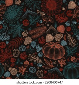 Seamless vector autumn pattern on a dark background in engraving style. Maple leaf, chestnut, rowan, fallen leaves, acorns, physalis, maple seeds, sunflower, pumpkin, ginkgo, spruce, cones