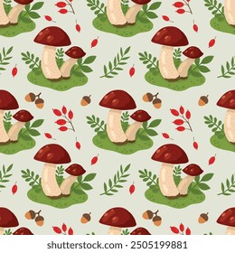 Seamless vector autumn pattern with porcini mushrooms and autumn foliage. Vector background with mushrooms, leaves, berries for autumn, autumn design. Flat illustration