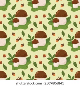 Seamless vector autumn pattern with porcini mushrooms and autumn foliage. Vector background with mushrooms, leaves, berries for autumn, autumn design. Flat illustratio