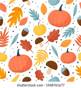 Seamless vector autumn pattern. Print in autumn leaves. Isolated on a white background

