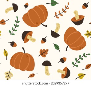 Seamless vector autumn pattern: pumpkin, acorns, forest mushrooms and autumn leaves. Elements for design