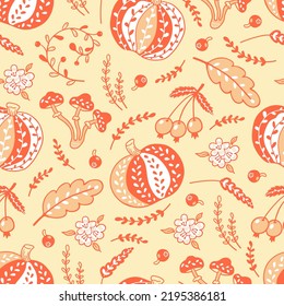 Patrón de otoño sin foco vectorial con calabazas, hojas caídas, bayas y hongos. Impresión de caída. Impresión de tejidos, textil doméstico, impresión de papel, concepto de diseño de scrapbooking.