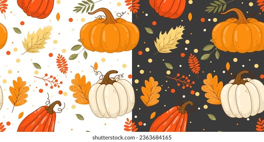 Seamless vector autumn pattern with pumpkins and leaves in orange shades, on a white and dark background.