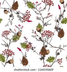 Seamless vector autumn pattern with red and orange berries,pine cone,nuts,flowers  and leaves. Fall colorful floral background.pattern for fashion,fabric and all prints on white background.