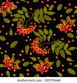 Seamless vector autumn pattern with red and orange berries and leaves. Fall colorful floral background. Elegant floral seamless pattern