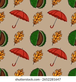 Seamless vector autumn pattern with red umbrellas, chestnut fruits, and oak leaves on a beige background, perfect for fall-themed designs.