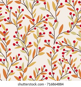 Seamless vector autumn pattern with red and orange berries and leaves. Fall colorful floral background. Elegant floral seamless pattern