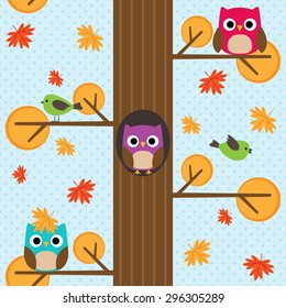 Seamless vector autumn pattern with tree and owl sitting on branches