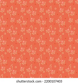 Seamless vector autumnal floral pattern with small flower branches and berries on red background for girls dresses and apparel or wrapping or gift paper.