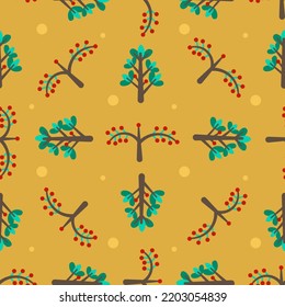 Seamless vector autumnal folklore pattern with green fur tree and red berry branch on dark yellow background for cozy home textile and dresses. Wrapping or wallpaper and gift paper.