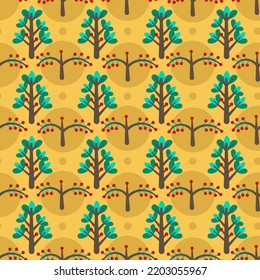 Seamless vector autumnal folklore pattern with green fur tree and red berry branch on dark yellow background for cozy home textile and dresses. Wrapping or wallpaper and gift paper.
