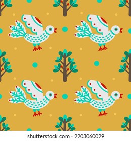 Seamless vector autumnal folklore pattern with green fur tree and flying white birds on dark yellow background for cozy home textile and dresses. Wrapping or wallpaper and gift paper.