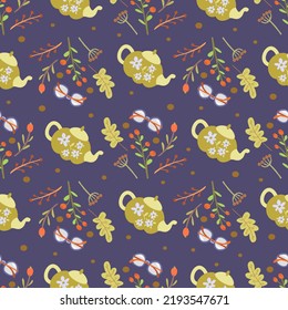 Seamless vector autumnal food pattern with khaki floral tea pots and flowers and leaves branches on deep blue background for textile and wrapping or gift paper