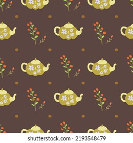 Seamless vector autumnal food pattern with khaki floral tea pots among floral branches with red small flowers for textile and wrapping or gift paper