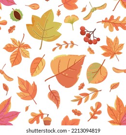 Seamless vector autumnal pattern. Frat autumn leaves, berries, chestnuts, maple seeds. 