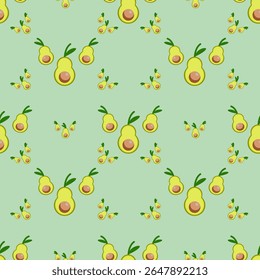 Seamless vector avocado cartoon drawings light green background for wallpaper, fabric ,wrapping paper ,notebookcover ,clothing ,backdrop and stationary.