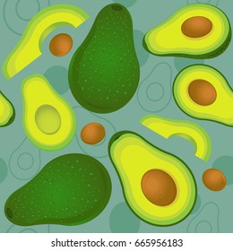 Seamless vector with avocado on a light blue background.