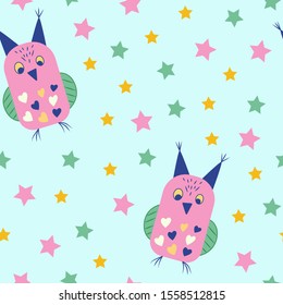 Seamless vector baby owl pattern on blue background